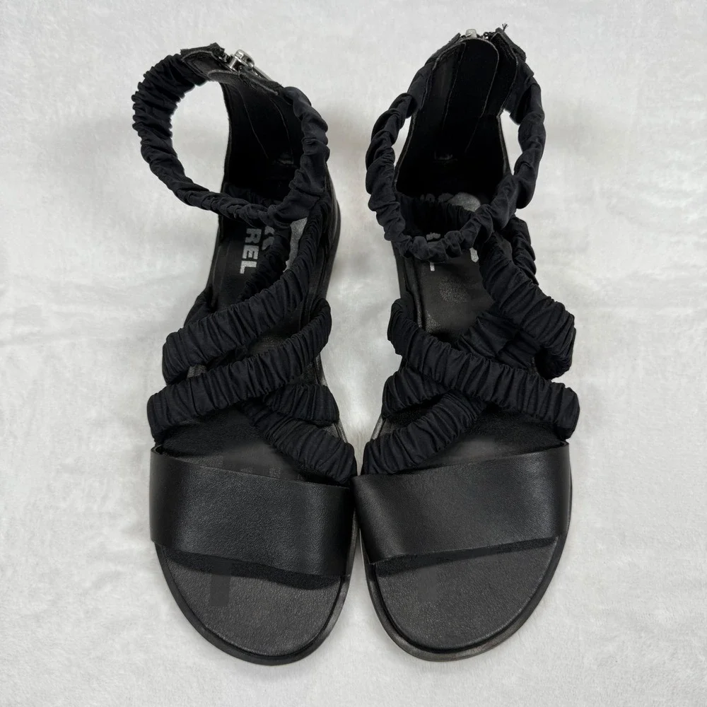 Sorel Gladiator Sandals Ruched Straps Back Zipper Black Leather Size 6.5‎